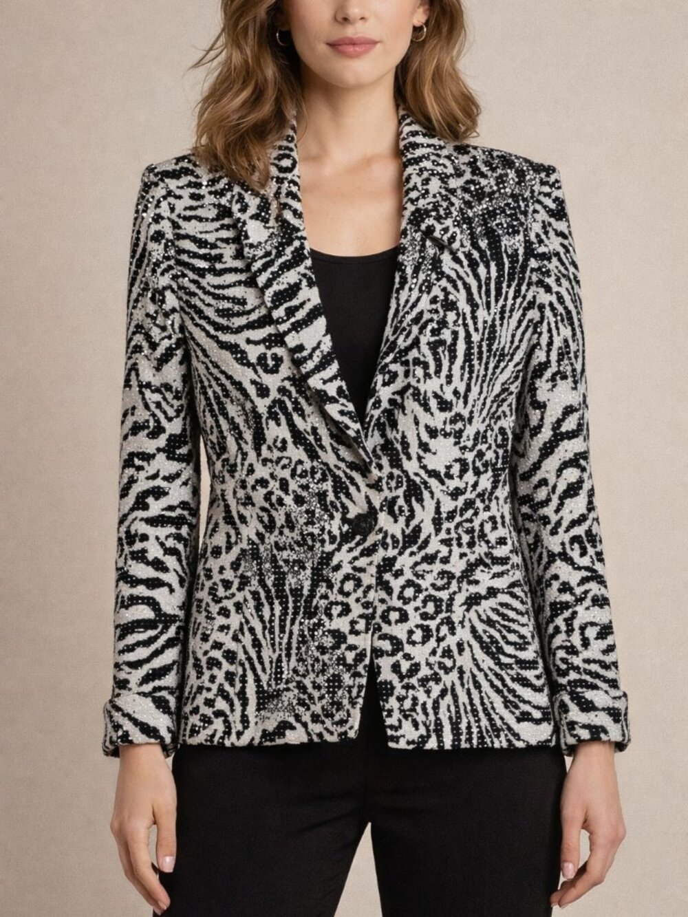 St John evening knit jacket black white rhinestones embellished blazer size 16